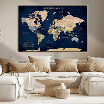 43160428-MGV-CV-36X24-Adventure Awaits Navy Blue World Map – Vibrant Travel Canvas Wall Art, Antique Atlas Print, Wanderlust Decor for Home Office
