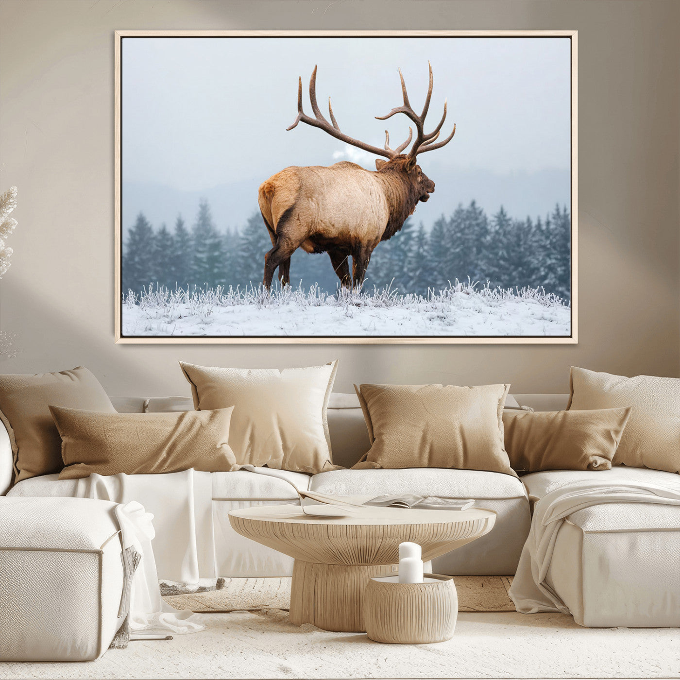 85177251-MGV-CV-36X24-Elk Wall Art – Majestic Wildlife Canvas Print of Bull Elk Snowy Forest, Rustic Nature Decor for Living Room, Cabin, or Office