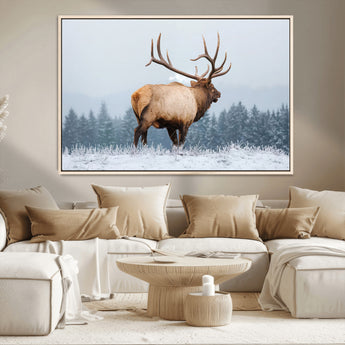 85177251-MGV-CV-36X24-Elk Wall Art – Majestic Wildlife Canvas Print of Bull Elk Snowy Forest, Rustic Nature Decor for Living Room, Cabin, or Office