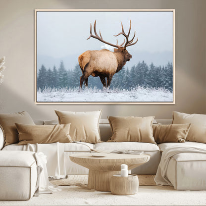 85177251-MGV-CV-36X24-Elk Wall Art – Majestic Wildlife Canvas Print of Bull Elk Snowy Forest, Rustic Nature Decor for Living Room, Cabin, or Office