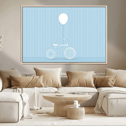 56479838-MGV-CV-36X24-Bicycle Wall Art – Minimalist Blue Canvas Print with Balloon Illustration, Modern Decor Artwork for Kids Room, Nursery, or Living