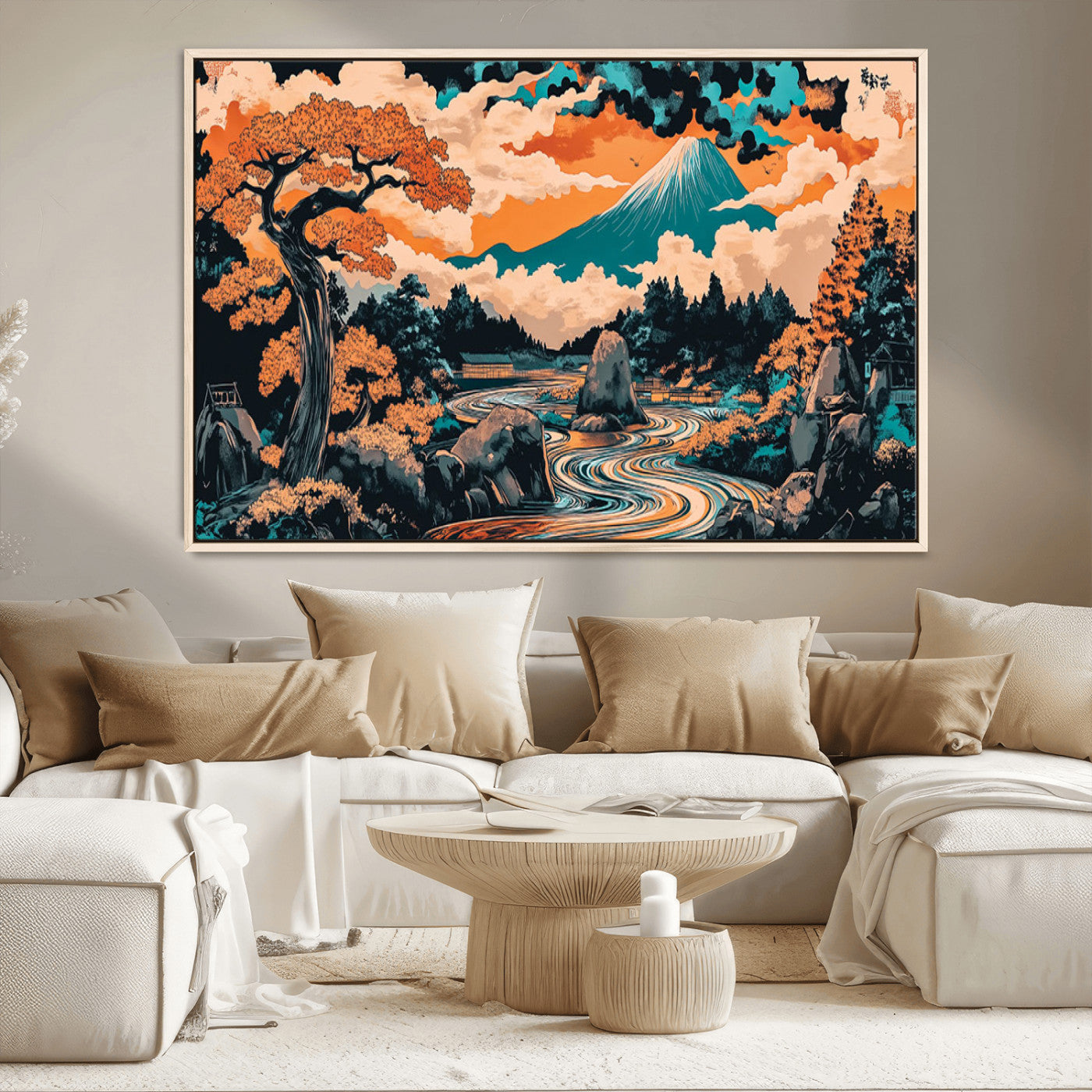 21638941-MGV-CV-36X24-Japanese Landscape Wall Art – Mount Fuji and Flowing River Ukiyo-e Style Canvas Print, Traditional Japan Inspired Artwork for