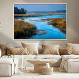 26300004-MGV-CV-36X24-Marshland Landscape Wall Art – Scenic Nature Canvas Print with Golden Grass and Blue Water, Peaceful River Photography for Living
