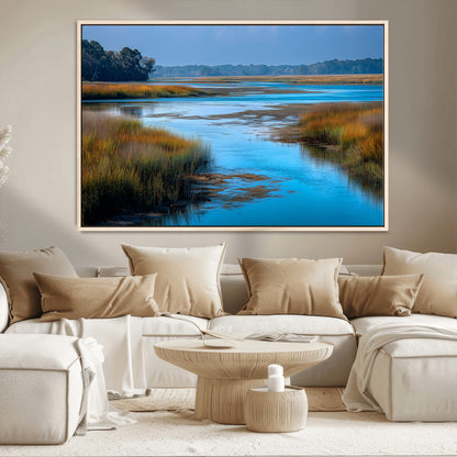26300004-MGV-CV-36X24-Marshland Landscape Wall Art – Scenic Nature Canvas Print with Golden Grass and Blue Water, Peaceful River Photography for Living