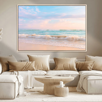 88024944-MGV-CV-36X24-Serene Ocean Waves Canvas Wall Art – Pastel Sky, Soft Sand Beach, Tranquil Seascape, Calm Water Coastal Nature, Relaxing Peaceful