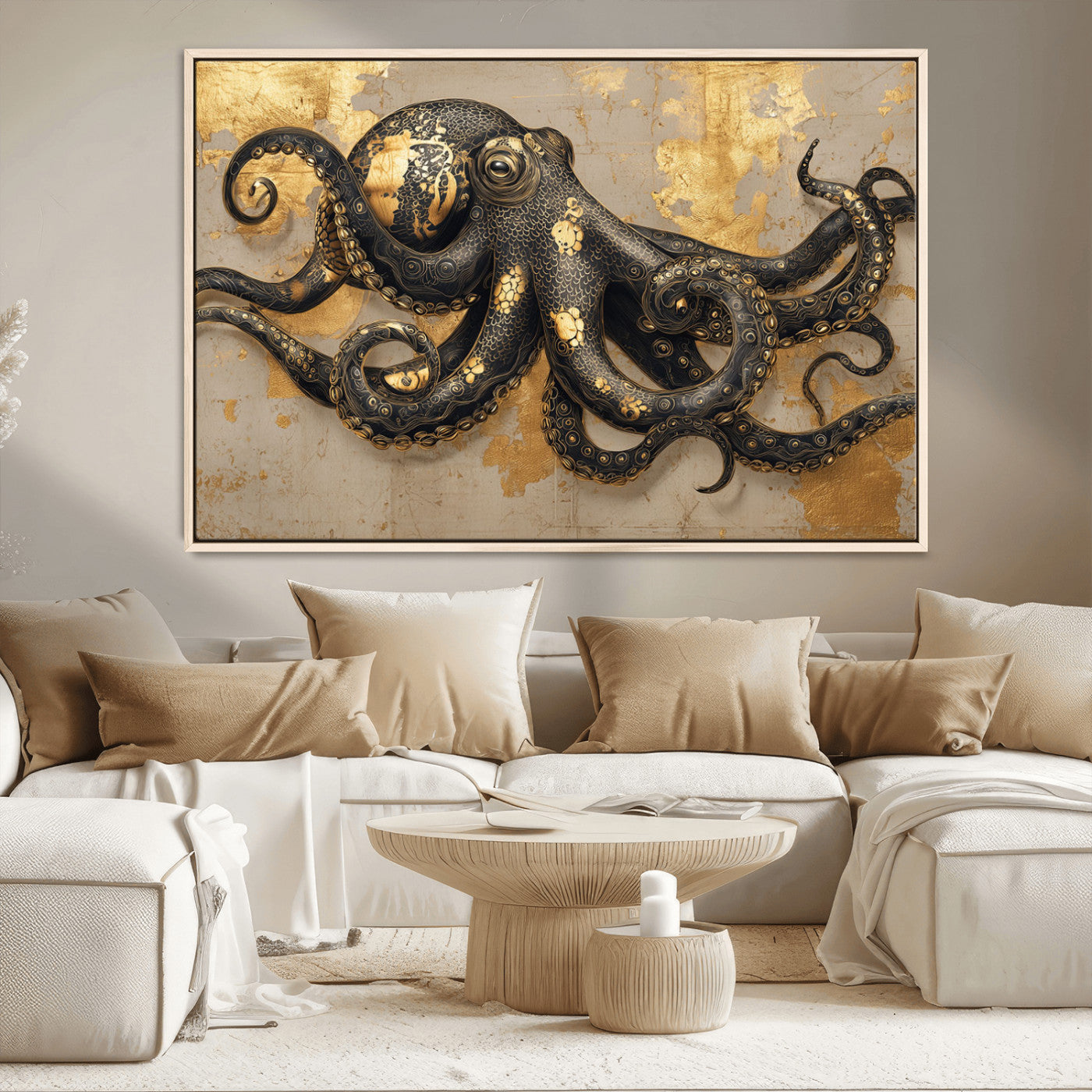 57944271-MGV-CV-36X24-Octopus Wall Art – Black and Gold Nautical Canvas Print, Modern Ocean Inspired Artwork with Elegant Detailing, Coastal Marine