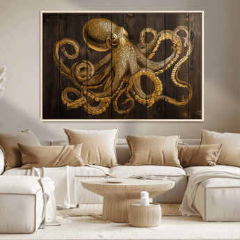 56769669-MGV-CV-36X24-Octopus Wall Art – Gold Nautical Canvas Print with Rustic Wood Panel Design, Detailed Marine Artwork for Coastal Ocean Decoration