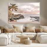 18005328-MGV-CV-36X24-Tropical Beach Wall Art – Coastal Ocean Canvas Print with Palm Tree, Sunset Sky and Rocky Shore, Serene Seascape Photography for