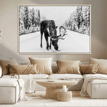 38956835-MGV-CV-36X24-Moose Wall Art – Black and White Wildlife Canvas Print with Snowy Forest Road, Rustic Nature Photography for Cabin, Lodge, Living