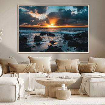 66040852-MGV-CV-36X24-Ocean Sunset Canvas Wall Art – Rocky Shore Waves, Dramatic Clouds, Golden Sun Rays, Coastal Nature, Serene Water Reflection for