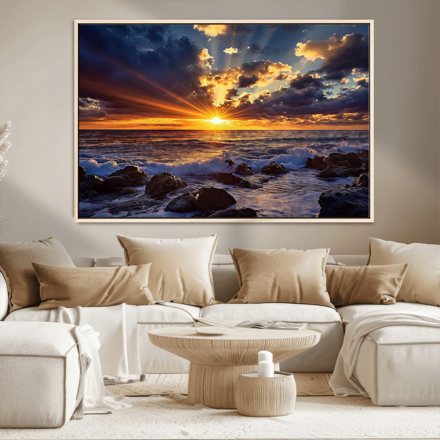 35900590-MGV-CV-36X24-Sunset Ocean Waves Canvas Wall Art – Rocky Shore, Dramatic Sky, Golden Sun Rays, Coastal Beauty, Serene Water Motion for Living