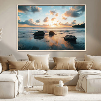 23879436-MGV-CV-36X24-Ocean Sunset Wall Art – Serene Seascape Canvas Print with Golden Sky, Reflections on Sand and Calm Waves, Peaceful Coastal