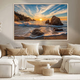 85659923-MGV-CV-36X24-Rocky Ocean Sunset Canvas Wall Art – Seaside Dramatic Seascape Print, Coastal Modern Decor, Ocean Sunset Art for Living Room or