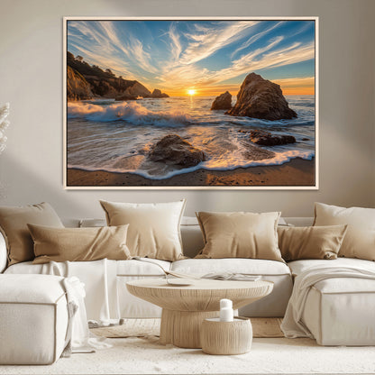 85659923-MGV-CV-36X24-Ocean Sunset Wall Art – Dramatic Seascape Canvas Print with Cliffs, Crashing Waves and Golden Sky, Bold Coastal Photography for