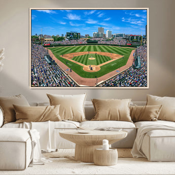 56213978-MGV-CV-36X24-Wrigley Field Baseball Stadium Canvas Wall Art – Packed Crowd Sports Stadium Print, City Skyline Baseball Field Canvas for Game