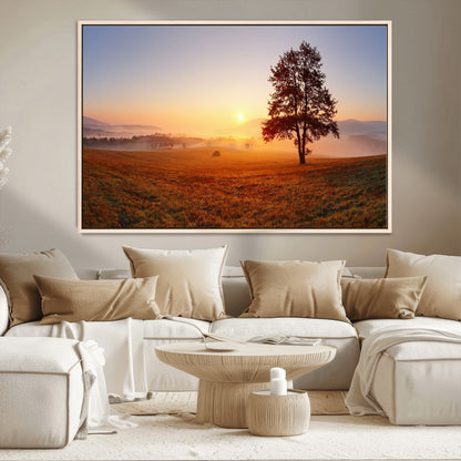 57919623-MGV-CV-36X24-Golden Sunrise Landscape Canvas Wall Art - Framed Misty Field Print, Large Nature Canvas for Living Room, Office, or Home Decor