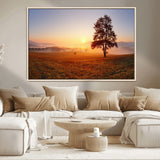 57919623-MGV-CV-36X24-Sunrise Landscape Wall Art – Golden Morning Canvas Print with Tree, Misty Hills and Open Field, Peaceful Nature Photography for