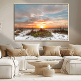 58266230-MGV-CV-36X24-Beach Sunset Wall Art – Coastal Canvas Print with Sandy Dunes, Sea Grass and Golden Sky, Serene Ocean Landscape Photography for