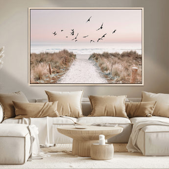 34632598-MGV-CV-36X24-Beach Pathway Wall Art – Coastal Canvas Print with Sandy Trail, Flying Birds and Pastel Sky, Serene Ocean Landscape Photography