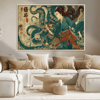 46837670-MGV-CV-36X24-Tsukioka Yoshitoshi Samurai Wall Art Print, Japanese Katana Warrior Canvas Wall Art, Octopus Sea Monster Canvas Print,