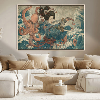 52037775-MGV-CV-36X24-Tsukioka Yoshitoshi Samurai Wall Art Print, Japanese Katana Warrior Canvas Wall Art, Octopus Sea Monster Canvas Print,
