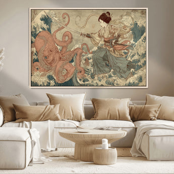 54879547-MGV-CV-36X24-Tsukioka Yoshitoshi Samurai Wall Art Print, Japanese Katana Warrior Canvas Wall Art, Octopus Sea Monster Canvas Print,