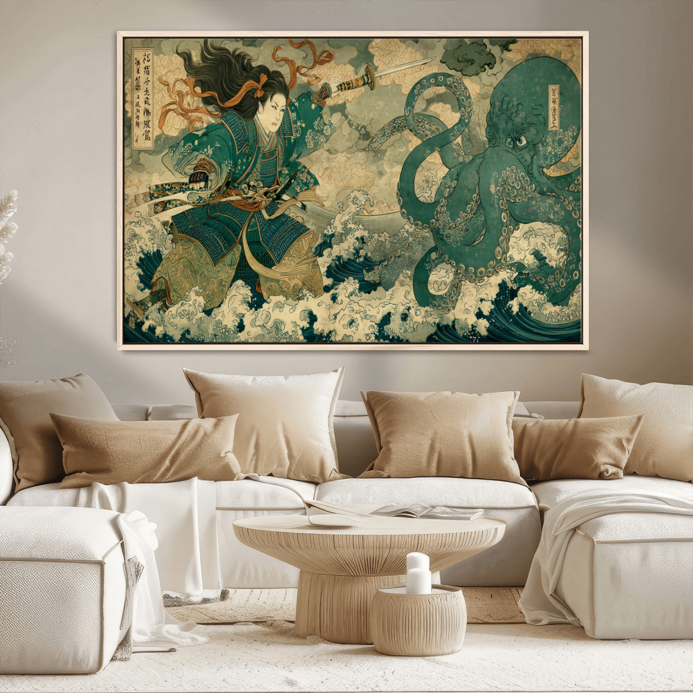 24416422-MGV-CV-36X24-Samurai vs Octopus Wall Art – Japanese Warrior Ocean Battle Canvas Print, Ukiyo e Inspired Decor for Home, Office, or Man Cave