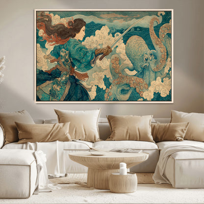 37943964-MGV-CV-36X24-Samurai Warrior vs Octopus Wall Art – Japanese Ukiyo-e Style Canvas Print, Ocean Battle Scene Artwork for Living Room, Office, Man