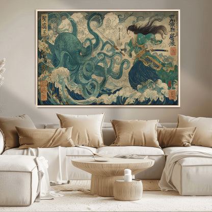 60346622-MGV-CV-36X24-Samurai Warrior vs Octopus Wall Art – Japanese Ukiyo-e Style Ocean Battle Canvas Print, Traditional Samurai Artwork for Living