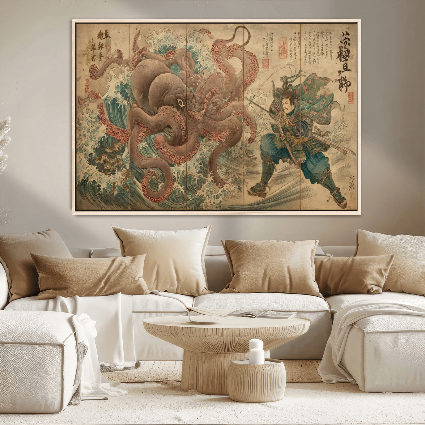 63782167-MGV-CV-36X24-Tsukioka Yoshitoshi Samurai Wall Art Print, Japanese Katana Warrior Canvas Wall Art, Octopus Sea Monster Canvas Print,