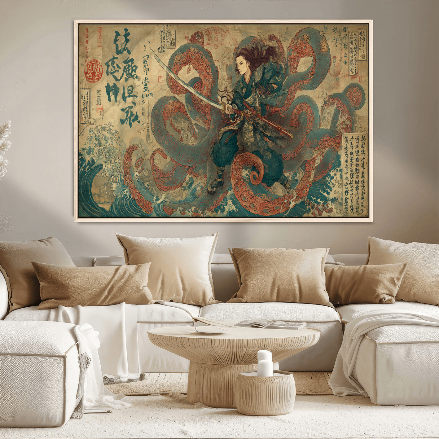 98593115-MGV-CV-36X24-Tsukioka Yoshitoshi Samurai Wall Art Print, Japanese Katana Warrior Canvas Wall Art, Octopus Sea Monster Canvas Print,