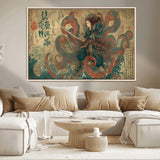 98593115-MGV-CV-36X24-Tsukioka Yoshitoshi Samurai Wall Art Print, Japanese Katana Warrior Canvas Wall Art, Octopus Sea Monster Canvas Print,