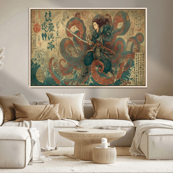 98593115-MGV-CV-36X24-Samurai Warrior vs Octopus Wall Art – Japanese Ukiyo-e Calligraphy Canvas Print, Ocean Battle Scene Artwork for Living Room,