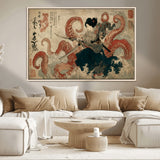 50812504-MGV-CV-36X24-Tsukioka Yoshitoshi Samurai Wall Art Print, Japanese Katana Warrior Canvas Wall Art, Octopus Sea Monster Canvas Print,