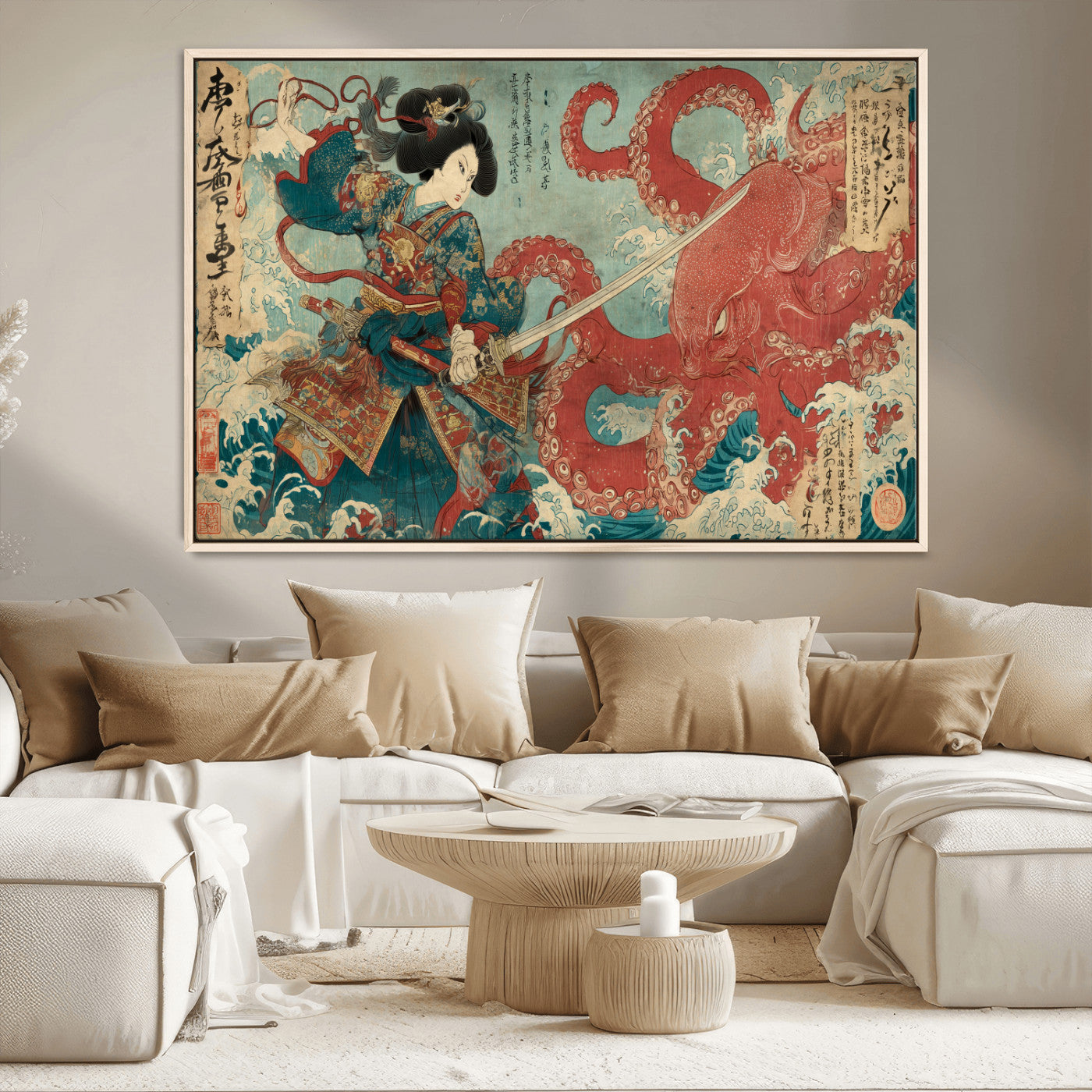 68844327-MGV-CV-36X24-Tsukioka Yoshitoshi Samurai Wall Art Print, Japanese Katana Warrior Canvas Wall Art, Octopus Sea Monster Canvas Print,