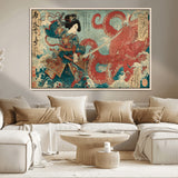 68844327-MGV-CV-36X24-Tsukioka Yoshitoshi Samurai Wall Art Print, Japanese Katana Warrior Canvas Wall Art, Octopus Sea Monster Canvas Print,