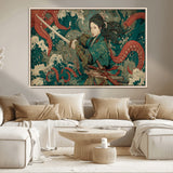 35461724-MGV-CV-36X24-Samurai Woman vs Octopus Wall Art – Japanese Ukiyo-e Ocean Waves Canvas Print, Red Tentacle Battle Artwork for Living Room,