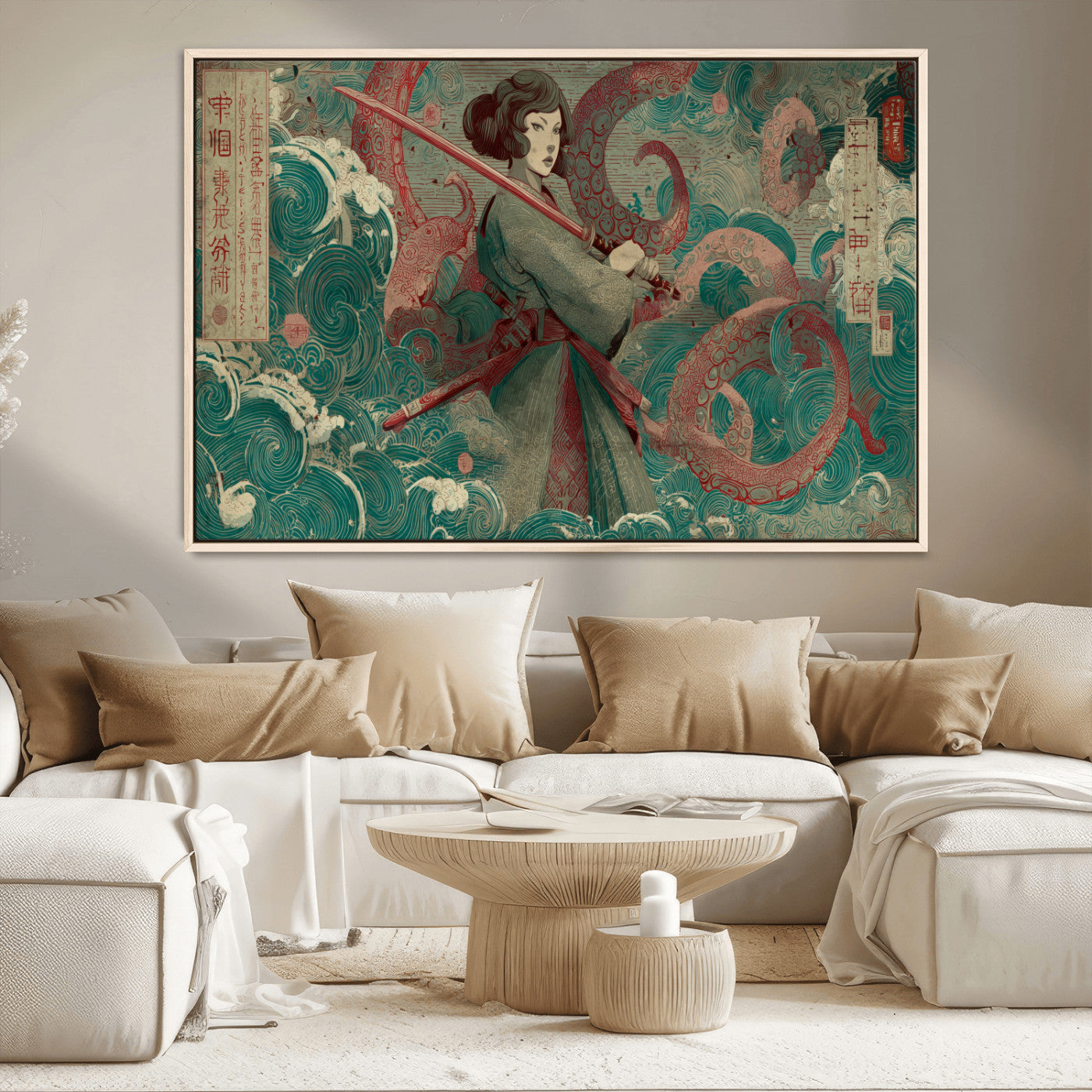 91666601-MGV-CV-36X24-Samurai Woman vs Octopus Wall Art – Japanese Ukiyo-e Green Robe Canvas Print, Ocean Battle Artwork for Living Room, Office, Man