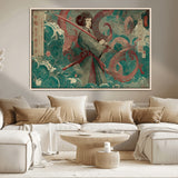 91666601-MGV-CV-36X24-Samurai Woman vs Octopus Wall Art – Japanese Ukiyo-e Green Robe Canvas Print, Ocean Battle Artwork for Living Room, Office, Man