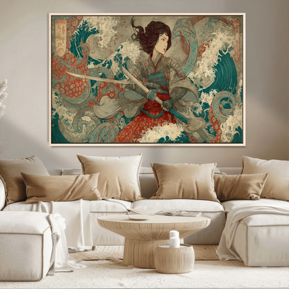 37797255-MGV-CV-36X24-Samurai Woman vs Octopus Wall Art – Japanese Ukiyo-e Red Armor Ocean Battle Canvas Print, Warrior Artwork for Living Room, Office,