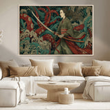 18902796-MGV-CV-36X24-Samurai Woman vs Octopus Wall Art – Japanese Ukiyo-e Green Kimono Canvas Print, Ocean Battle Scene Artwork for Living Room,