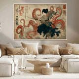 82737246-MGV-CV-36X24-Samurai Woman vs Octopus Wall Art – Japanese Ukiyo-e Dual Sword Canvas Print, Red Tentacle Ocean Battle Artwork for Living Room,