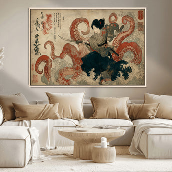82737246-MGV-CV-36X24-Samurai Woman vs Octopus Wall Art – Japanese Ukiyo-e Dual Sword Canvas Print, Red Tentacle Ocean Battle Artwork for Living Room,