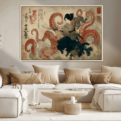 82737246-MGV-CV-36X24-Samurai Woman vs Octopus Wall Art – Japanese Ukiyo-e Dual Sword Canvas Print, Red Tentacle Ocean Battle Artwork for Living Room,