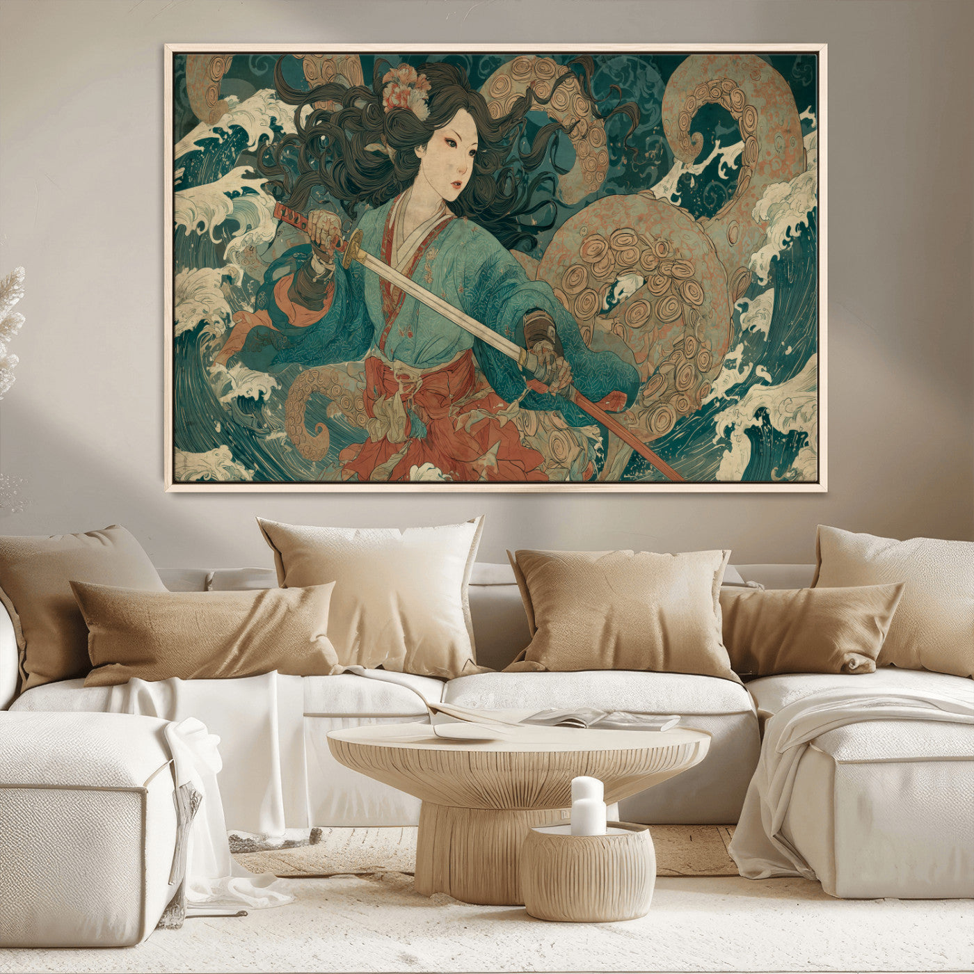 79740258-MGV-CV-36X24-Samurai Woman vs Octopus Wall Art – Japanese Ukiyo-e Blue Kimono Canvas Print, Ocean Battle Artwork for Living Room, Office, Man