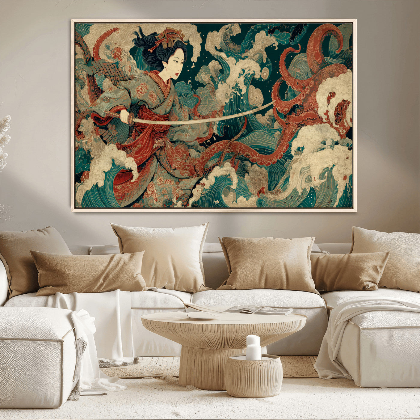 30212982-MGV-CV-36X24-Samurai Woman vs Octopus Wall Art – Japanese Ukiyo-e Style Warrior and Sea Monster Canvas Print, Mythology Inspired Artwork for