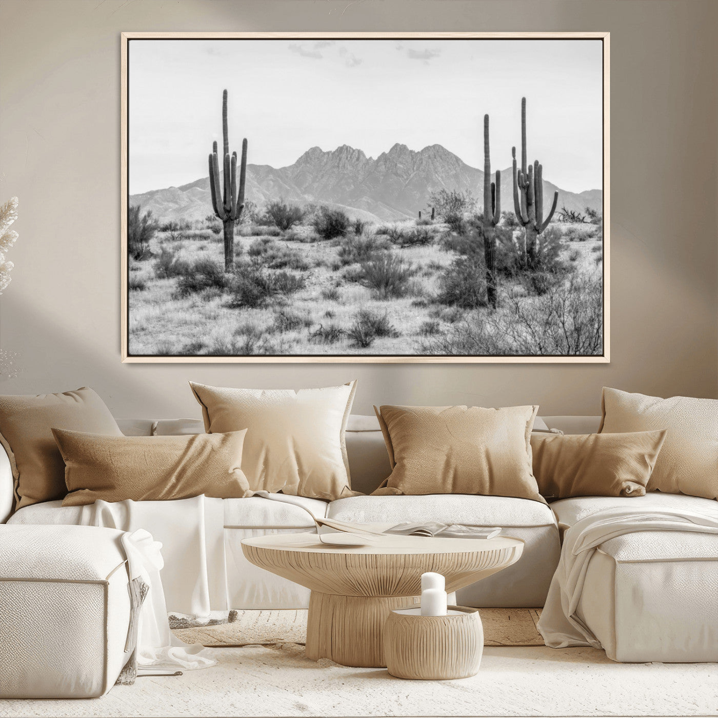 97436PHN-MGV-CV-36X24-Desert Landscape Wall Art – Black and White Cactus and Mountain Canvas Print, Southwestern Nature Photography for Living Room,