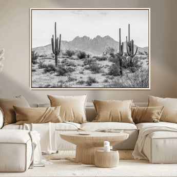 97436PHN-MGV-CV-36X24-Desert Landscape Wall Art – Black and White Cactus and Mountain Canvas Print, Southwestern Nature Photography for Living Room,