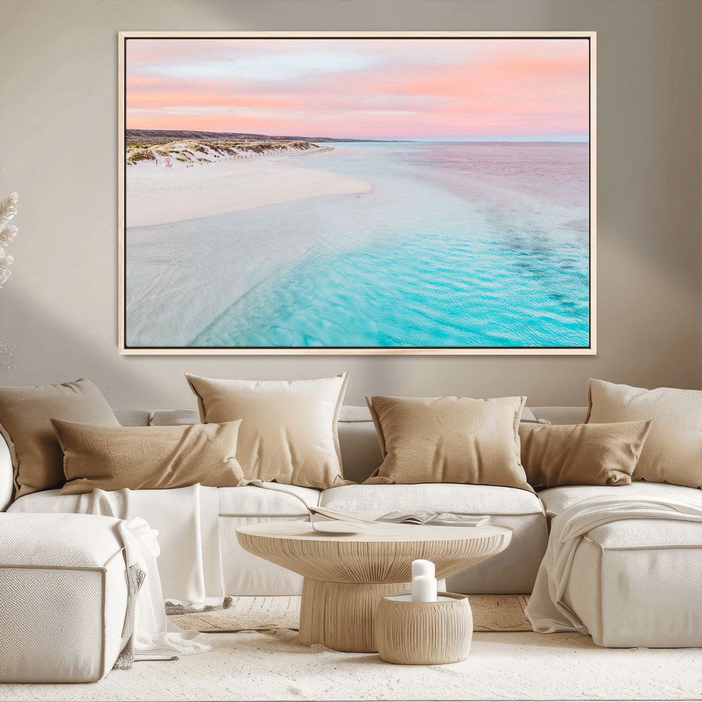 41613614-MGV-CV-36X24-Beach Sunset Wall Art – Pastel Ocean Canvas Print, Turquoise Water and Pink Sky Photography Decor for Bedroom, Living Room, Office
