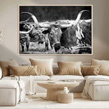 15425553-MGV-CV-36X24-Western Wall Art – Longhorn Cattle Black and White Canvas Print, Rustic Ranch Photography Decor for Bedroom, Living Room, Office,
